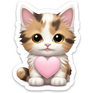 calico fluffy fat kitten with pale pink bow holding a pale pink heart sticker