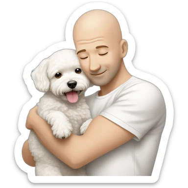 a bald man hugging white maltipoo sticker