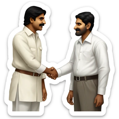 Pawan kalyan i formals and Jaganmohan reddy in workers dress should shake hands  and back Brahamanadam in formals and  in back it should written arbitraion  and book of industrial dispites act,1947 sticker