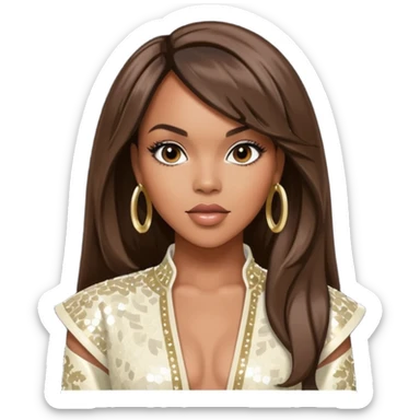 LeToya Luckett from Destiny's Child with long dark brown hair, ivory sequin outfit sticker