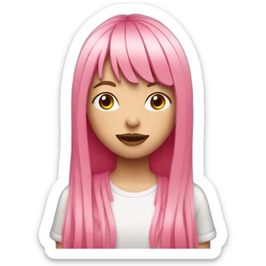 girl with long, straight pink hair and fringe and big lips holding camera sticker