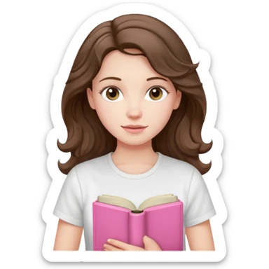 pale-skinned woman with wavy brunette hair, white t-shirt, holding a pink Bible, gentle and calm pose sticker