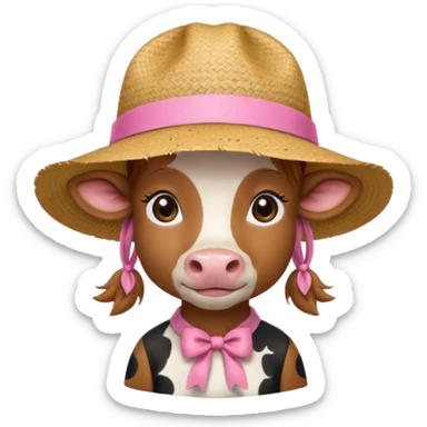 Girl cow with small pink ribbon and a cute straw hat sticker