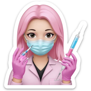 laboratorista con guantes rosa pastel y mascarilla rosa pastel jeringa tubo laboratorio sin lentes pelo lacio negro y largo ojos negro cabello largo sticker