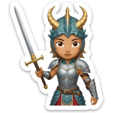 Fierce Latina in armor with a sword after a battle cutting off the head of a dragon sticker