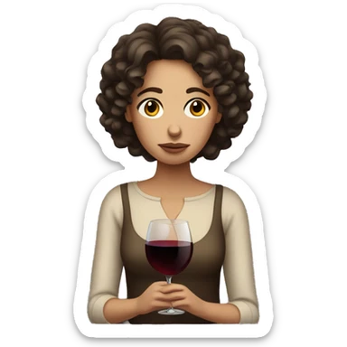 Sad White Woman with curly dark brown hair drinking wine sticker