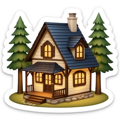 A cozy small house with warm lights coming from the windows, wooden details, surrounded by trees, peaceful atmosphere, soft lighting, charming and realistic
 sticker