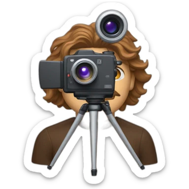 European film director with brown piled hair holding a cinema camera sticker