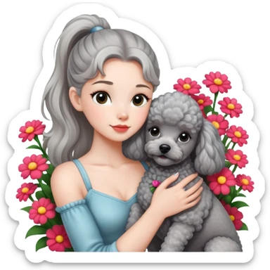 A beautiful girl with a high ponytail hugs a gray poodle among the flowers sticker