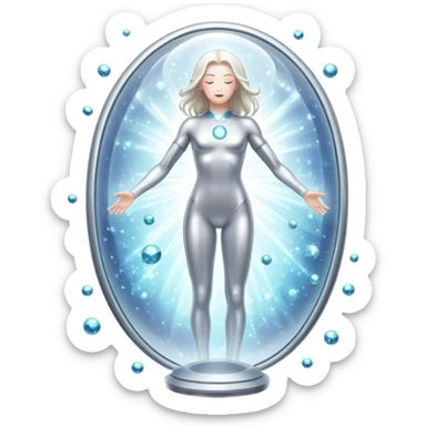 Silver capsule levitating among bright shining particles, with a translucent shield floating over an ethereal immune defense figure and a radiant thyroid gland in the background sticker
