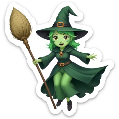 A witch with green skin holding a broom stick in her hand flying and singing  sticker