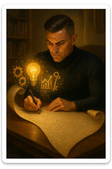 Un uomo concentrato, seduto alla sua scrivania in una stanza con luce calda, sta scrivendo su un enorme foglio di carta che si espande magicamente davanti a lui. Mentre scrive, le parole si trasformano in elementi visivi tridimensionali che rappresentano le soluzioni ai suoi problemi in italiano sticker