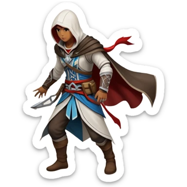 An icon representing an adventure game, inspired by Assassin's Creed. The design features a heroic character in hooded attire, scaling a tall building in a historical cityscape. The background shows ancient architecture and hidden symbols, symbolizing exploration and stealth. Transparent background sticker