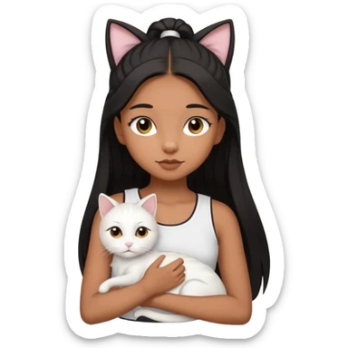 An brown skin Teenager girl with brown eyes, long black hair in a high ponytail, with a white crop top holding her white cat which has folded ears  sticker