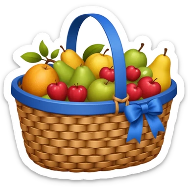 A basket with a blue ribbon on the handle sticker