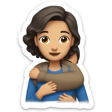 Comforting hug from brunette Puerto Rican with dark brown eyes wearing a cute blue top to short, bald man with brown eyes and a beard wearing a sweater sticker