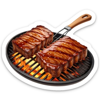 Cinematic juicy grilled ribs, glistening with smoky barbecue sauce, charred edges, tender meat falling off the bone, sizzling on a hot grill, mouthwatering and rich, warm and inviting, ultra-realistic and delicious. sticker