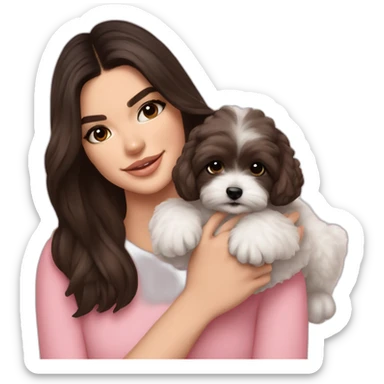 brunette Kendall Jenner with long hair holding on the hands white maltipoo wear on pink collar sticker