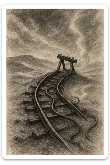 black and white pencil sketch inspired by the poem 'Lines End', showing a desolate, slumping railroad track ending abruptly in a barren landscape of dunes and sand, twisted rails, sense of ruin, vast empty wasteland background with wind, earth, dust devils, dramatic lighting, no background clutter, no text sticker