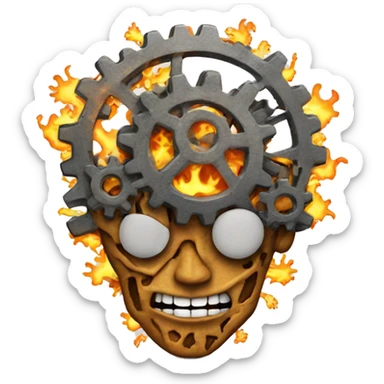 A brain made out of gears with flames licking out from between the gears sticker