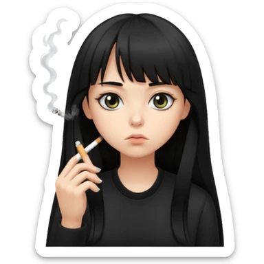 teen girl with long black hair and straight bangs, big eyes looking tired, not smiling, all black clothes, smoking cigarette sticker