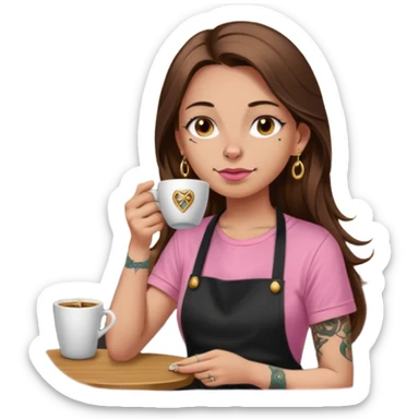 Fille cheveux long châtain, peau beige type européen, teeshirt rose avec un tablier noir, piercing au nez anneau doré, boucle d’oreille diamant doré. Elle boit un café. tatouage à la gorge  sticker