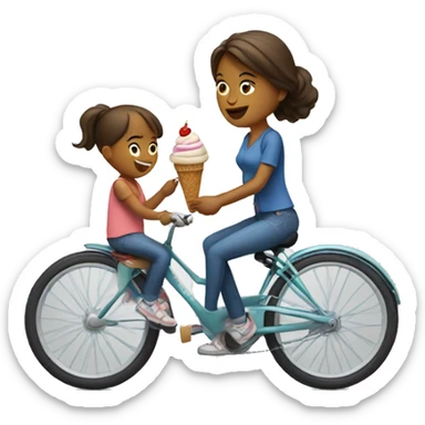 Woman with a child riding bike and holding an ice cream sticker
