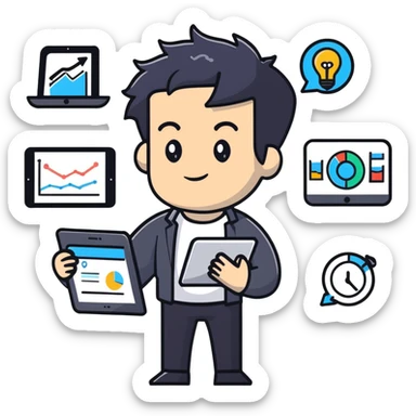 Management educator with black wavy hair, stubble, strong features, white skin, smart casual attire, using tablet with digital analytics dashboard, surrounded by technology icons, innovation-focused pose sticker