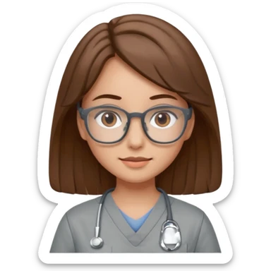 brown haired girl with grey scrubes and brown glasses squre sticker