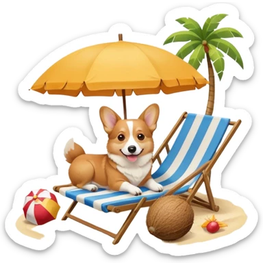 a corgi dog laied on a beach chair, a sunny beach, a sun umbrella, and beach coconut trees. the icon should capture the essence of a relaxing beach vacation with a carefree atmosphere sticker