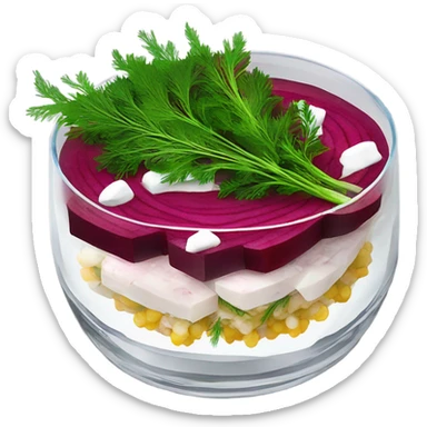 Shuba russian Layered Beet dish  with Herring and mayonnaise in Crystal bowl, dill on top  sticker