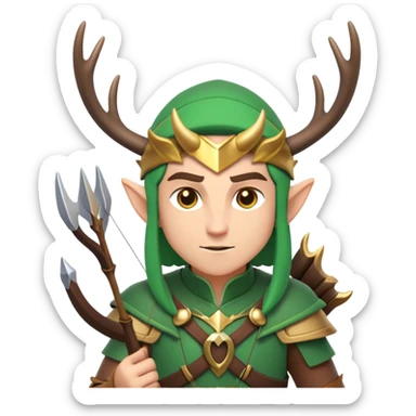 clash-of-clans-aesthetic-focused-elf-archer-portrait-emoji, rendered in a flat, vector-style similar to standard emojis with minimal shading and bold, simplified shapes, head tilted slightly forward with a determined, focused expression, riding a majestic stag with antlers glowing faintly with mystical energy. sticker