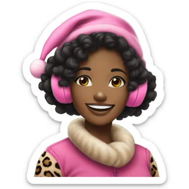 black girl christmas vibe, young adult girl with curll black hair wearing a pink hat & leopard print ear muffs. she has a smile on her face with a natural makeup beat on. she is smiling warmly but not too much. she is giving bad bitch sticker