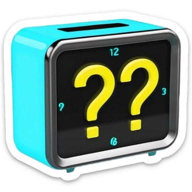 rectangular digital alarm clock with a question mark where the time would usually be sticker