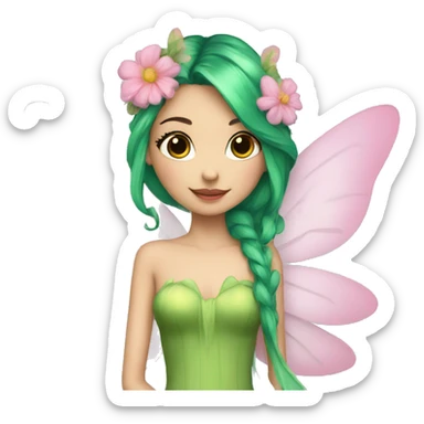 A skinny fairy, green hair, wings, pink dress with flowers  sticker