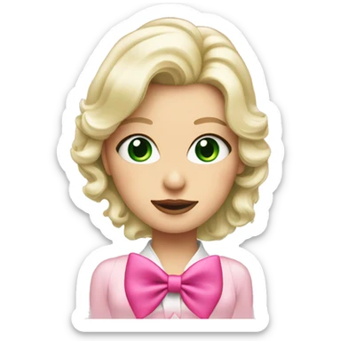 platinum blonde lady with green eyes drinking pink Stanley wearing a pink bow sticker