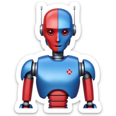 generate robot glossy, realstic, red and blue color, add text on chest "LMX" sticker