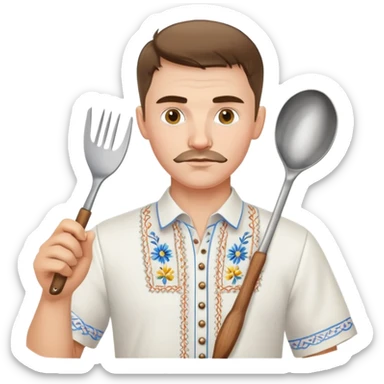 Ukrainian man in traditional white embroidered shirt holding a ladle and kitchen shears sticker