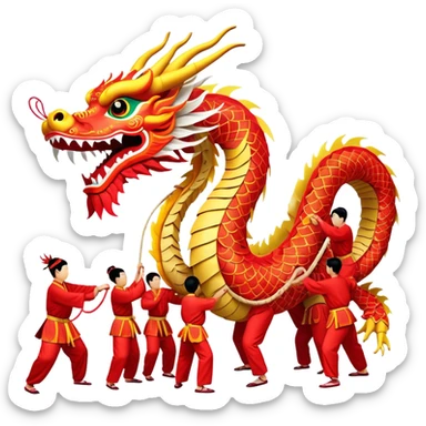 Cinematic Realistic scene of a traditional Chinese Dragon Dance featuring a team of performers skillfully manipulating a colossal, flexible dragon puppet, its intricately detailed, vibrant scales and flowing, embroidered fabric catching the light, set against a festive backdrop of red lanterns and dynamic red-tinged lighting that accentuates the majestic presence of the dragon puppet. sticker