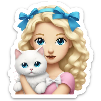 blonde girl with blue eyes and long eyelashes holding a fluffy white cat with a pink bow on its head sticker