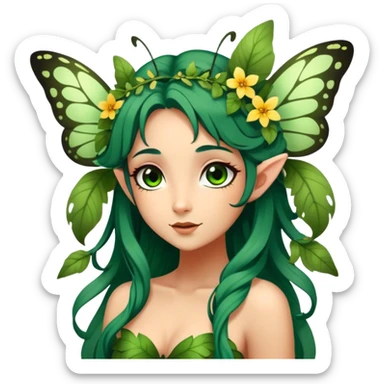 Cinematic Realistic Forest Nymph Fairy Portrait, head tilted playfully and inquisitively, showcasing a nature-inspired form with intricately detailed, sunlit tanned skin and cascading dark green hair interlaced with leaves and blossoms showing her large butterfly wings from her back. Her bright, curious eyes sparkle with forest mischief, rendered with lifelike clarity and warm, dappled lighting that captures the spirit of an enchanting woodland fairy ready to dance among the trees. sticker
