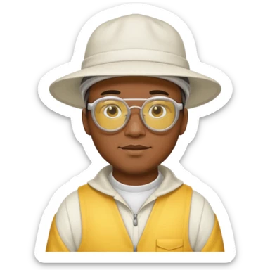 black male bee keeper with white hat and yellow glasses, white outfit,  sticker