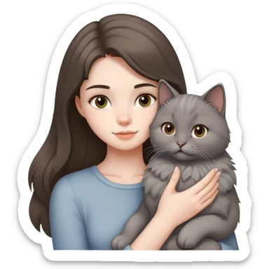 pale brunette girl petting her gray cat sticker