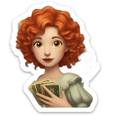 a wavy red haired girl with a deck of tarot cards sticker
