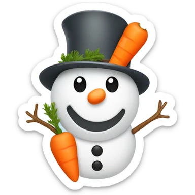 Snowman with a hat, branches as arms and a happy face with a carrot as a nose sticker