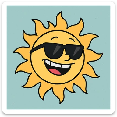 a smiling sun with sunglasses, bright colors, simple shapes, flat toon style sticker