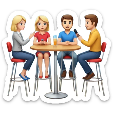 casual interview on stage, three people, facing each other, woman on the left, two men on the right, high chairs sticker