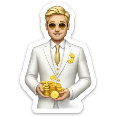 Posh-man-with-white-suit-holding-golden-coins sticker