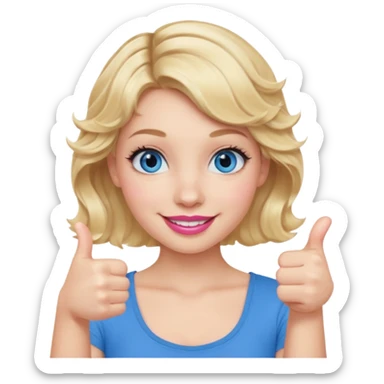 Girl Blonde short wavy hair,  blue eyes, cute blue top, long lashes, pink lips, smiling, thumbs up sticker