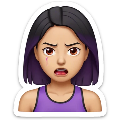 A digitally illustrated emoji-style character of a woman with shoulder-length black hair, wearing a purple shirt. Her expression shows extreme exhaustion or dehydration—her eyes are bloodshot and dry, her tongue is sticking out, and she has a single sweat drop on her cheek. The image has a clean white background sticker